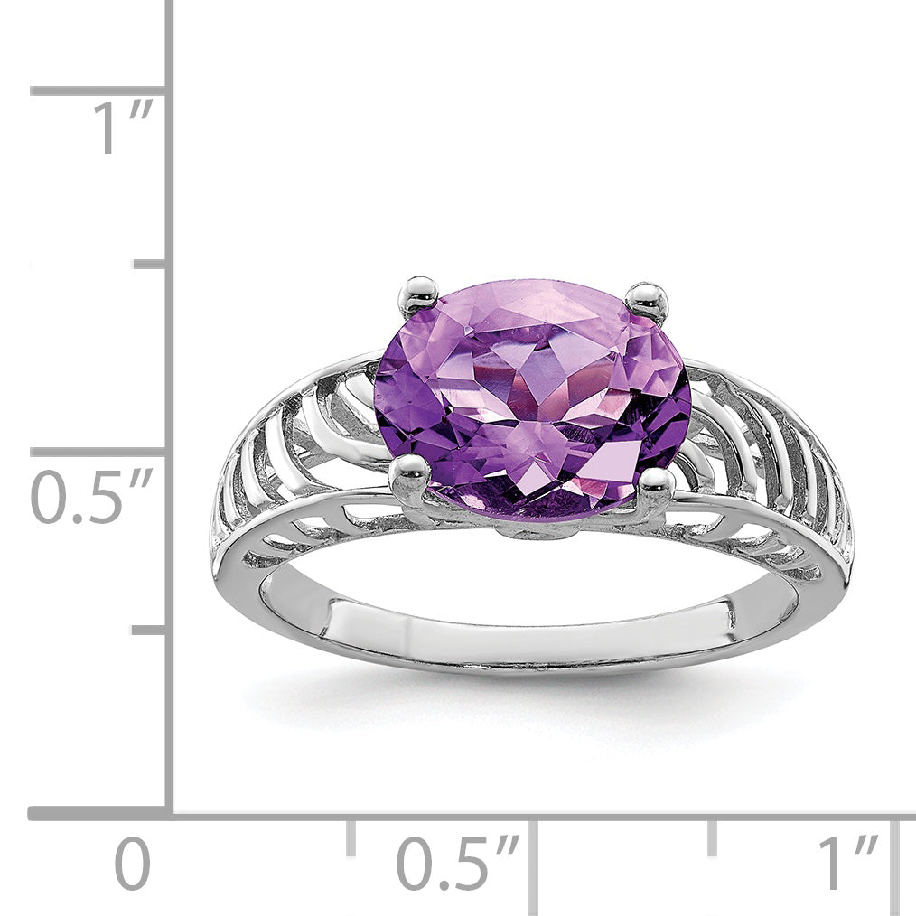 Sterling Silver Rhodium Plated Oval Amethyst Ring (Size 7 Only)