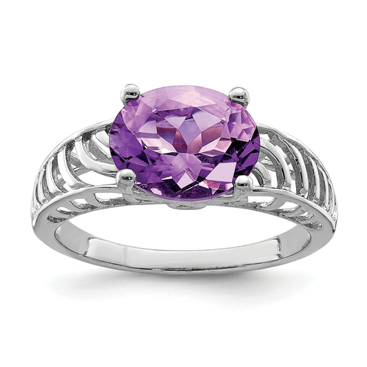 Sterling Silver Rhodium Plated Oval Amethyst Ring (Size 7 Only)