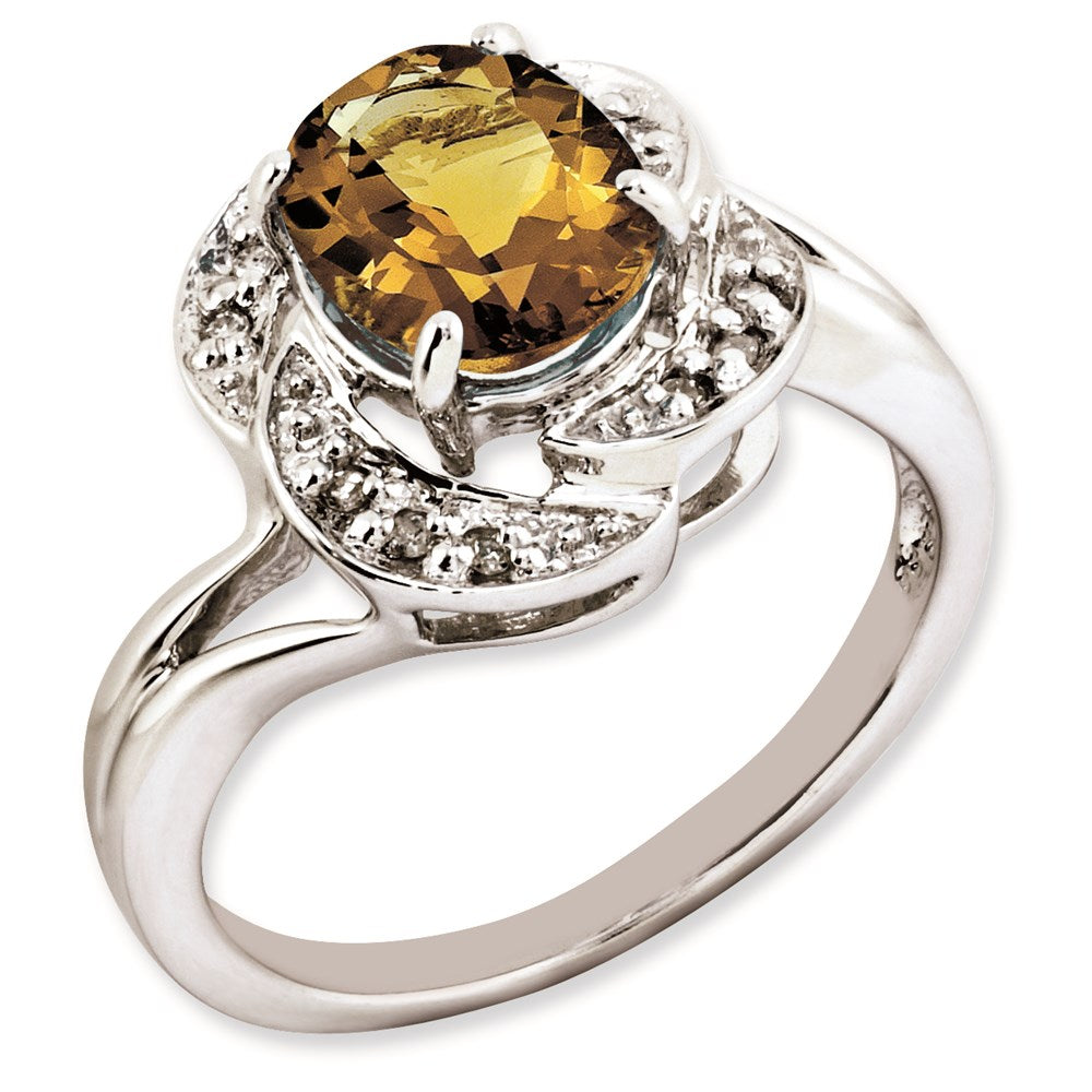 Sterling Silver Rhodium Plated Oval Whiskey Quartz & Diamond Ring (Size 7 Only)