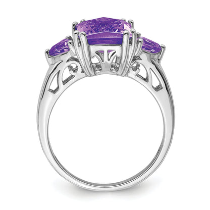 Sterling Silver Rhodium Plated Checker Cut Amethyst Ring