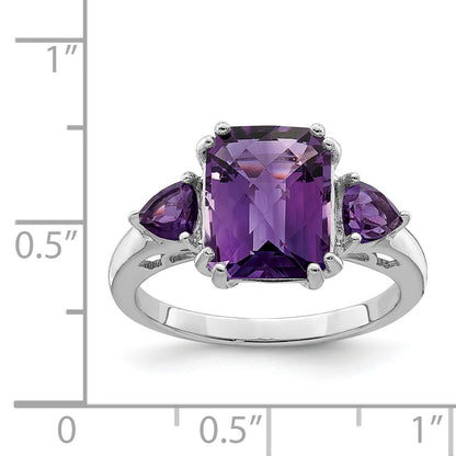 Sterling Silver Rhodium Plated Checker Cut Amethyst Ring