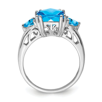 Sterling Silver Rhodium Checker Cut Blue Topaz Ring