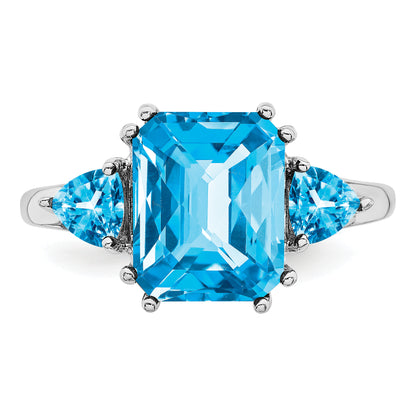 Sterling Silver Rhodium Checker Cut Blue Topaz Ring