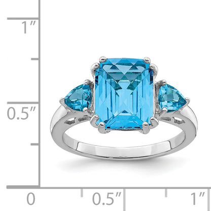 Sterling Silver Rhodium Checker Cut Blue Topaz Ring
