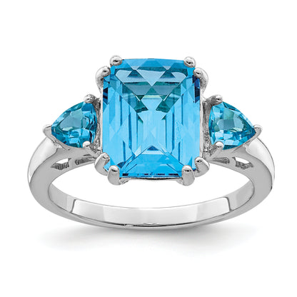 Sterling Silver Rhodium Checker Cut Blue Topaz Ring