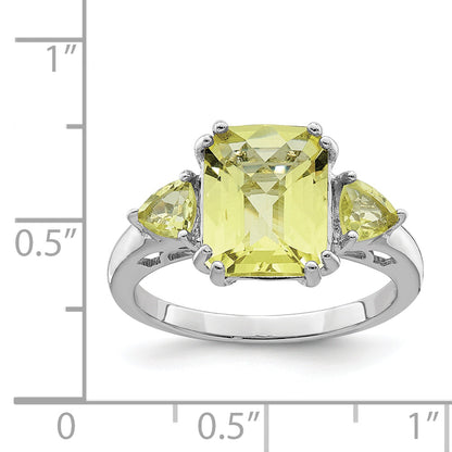 Sterling Silver Rhodium Checker Cut Lemon Quartz Ring