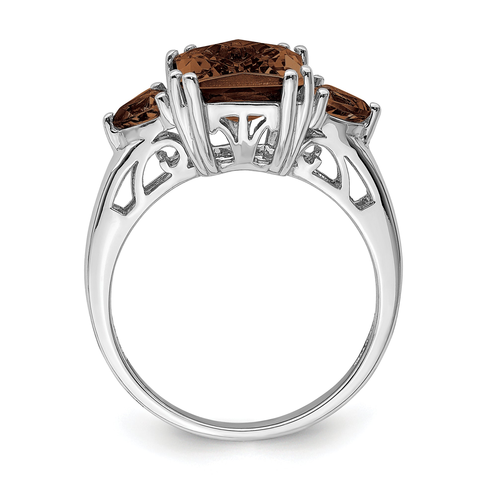 Sterling Silver Rhodium Checker Cut Smoky Quartz Ring