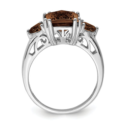 Sterling Silver Rhodium Checker Cut Smoky Quartz Ring