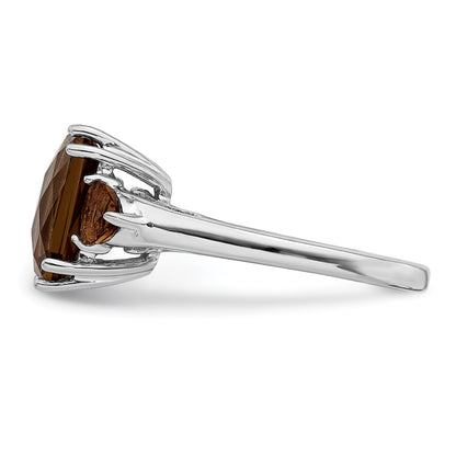 Sterling Silver Rhodium Checker Cut Smoky Quartz Ring