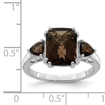 Sterling Silver Rhodium Checker Cut Smoky Quartz Ring