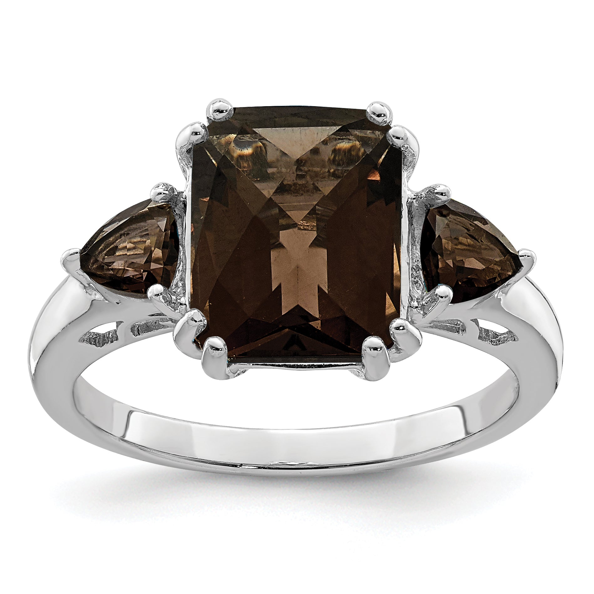 Sterling Silver Rhodium Checker Cut Smoky Quartz Ring