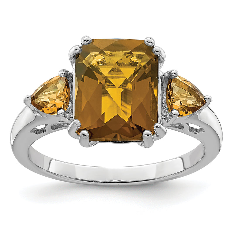 Sterling Silver Rhodium Checker Cut Whiskey Quartz Ring