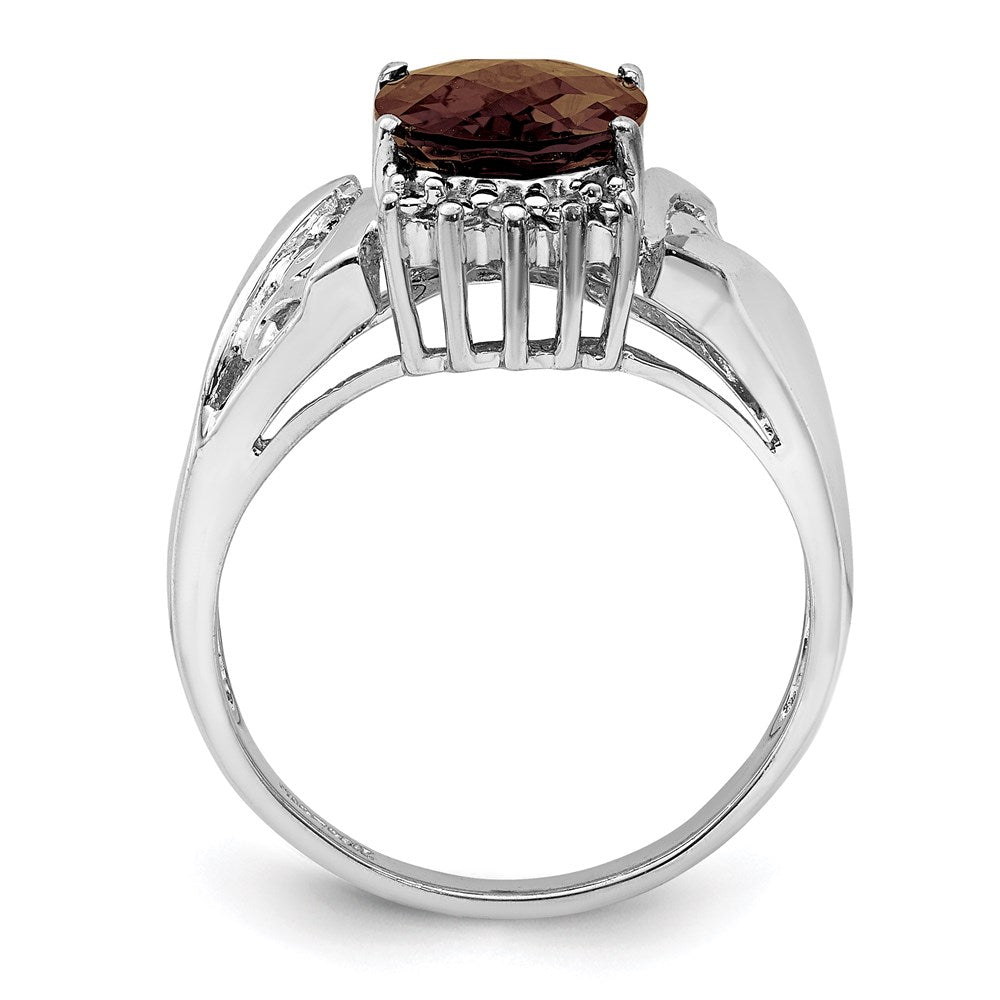Sterling Silver Rhodium Checker Cut Smoky Quartz & Oval Diamond Ring (Size 7 Only)