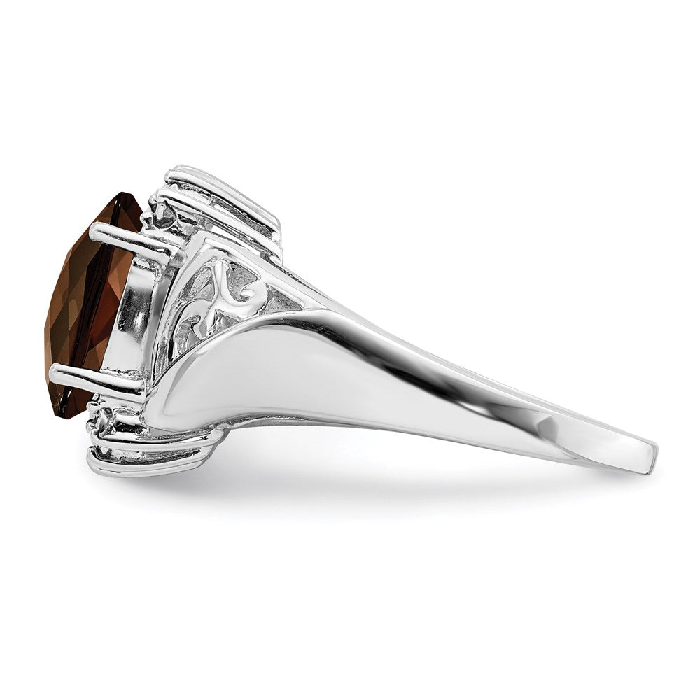 Sterling Silver Rhodium Checker Cut Smoky Quartz & Oval Diamond Ring (Size 7 Only)