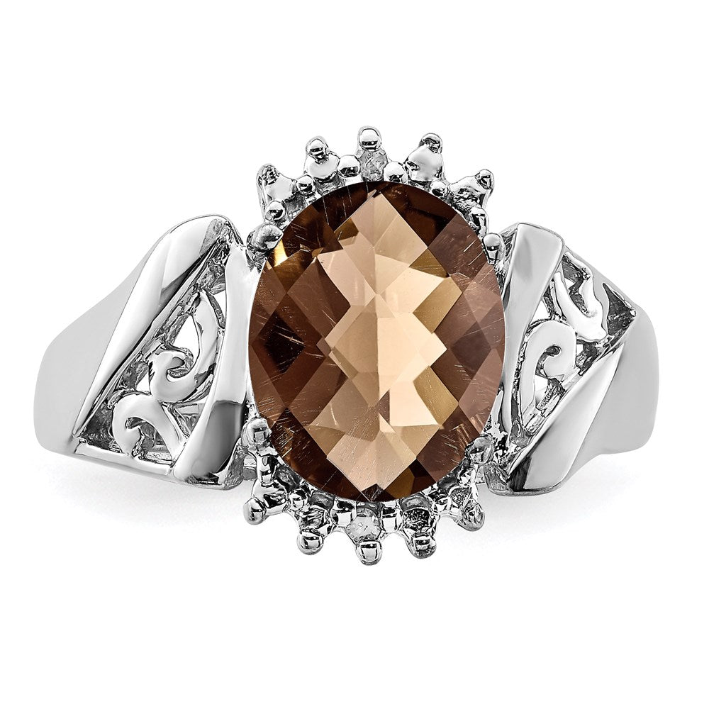 Sterling Silver Rhodium Checker Cut Smoky Quartz & Oval Diamond Ring (Size 7 Only)