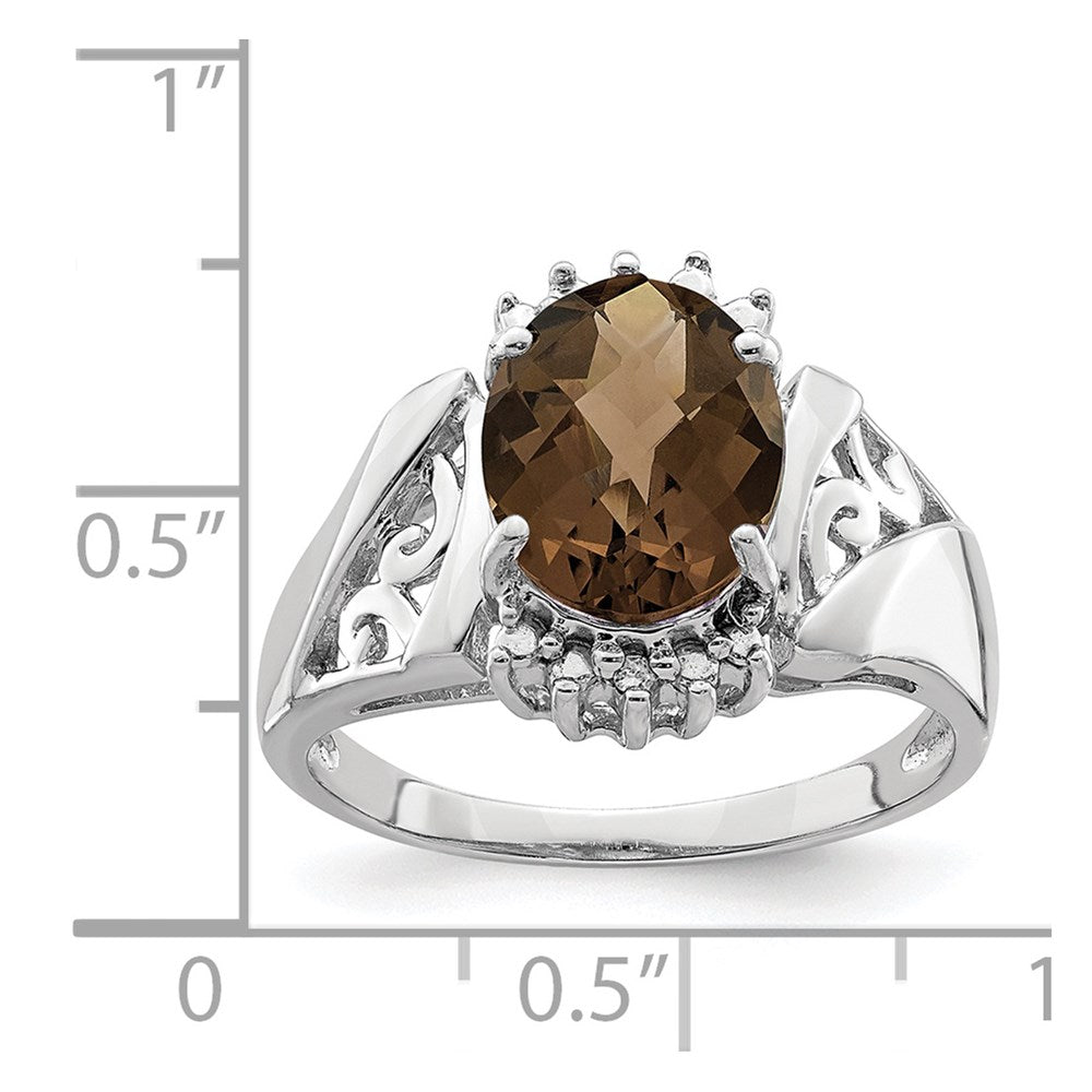 Sterling Silver Rhodium Checker Cut Smoky Quartz & Oval Diamond Ring (Size 7 Only)
