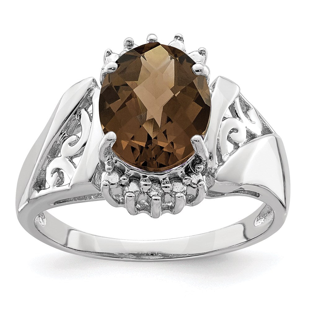 Sterling Silver Rhodium Checker Cut Smoky Quartz & Oval Diamond Ring (Size 7 Only)