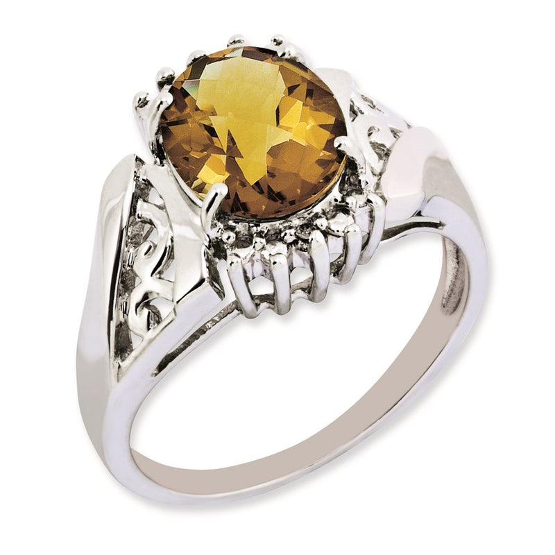 Sterling Silver Rh Plated Checker Cut Whiskey Quartz & Oval Diamond Ring (Size 7 Only)