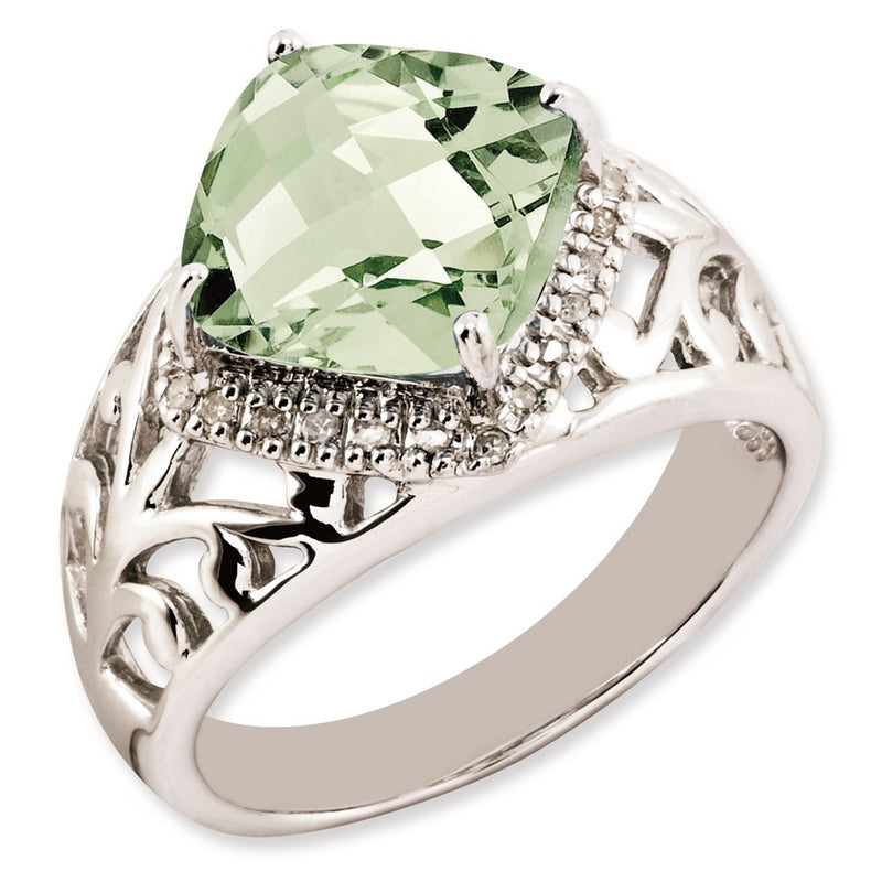 Sterling Silver Rhodium Plated Checker Cut Green Quartz & Diamond Ring (Size 7 Only)