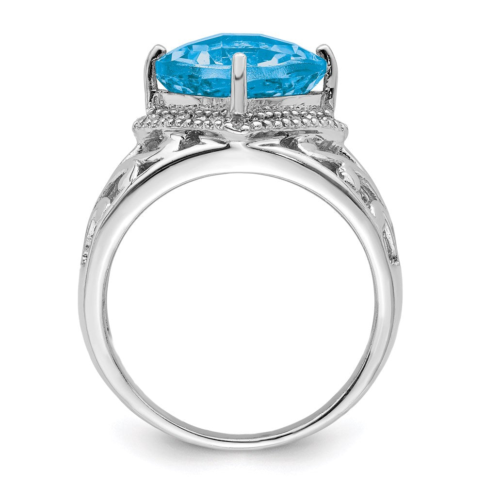 Sterling Silver Rhodium Checker Cut Blue Topaz & Diamond Ring (Size 7 Only)