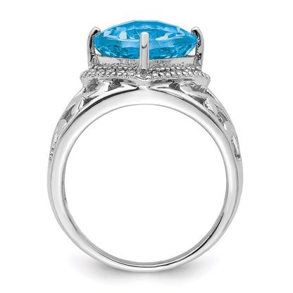 Sterling Silver Rhodium Checker Cut Blue Topaz & Diamond Ring (Size 7 Only)