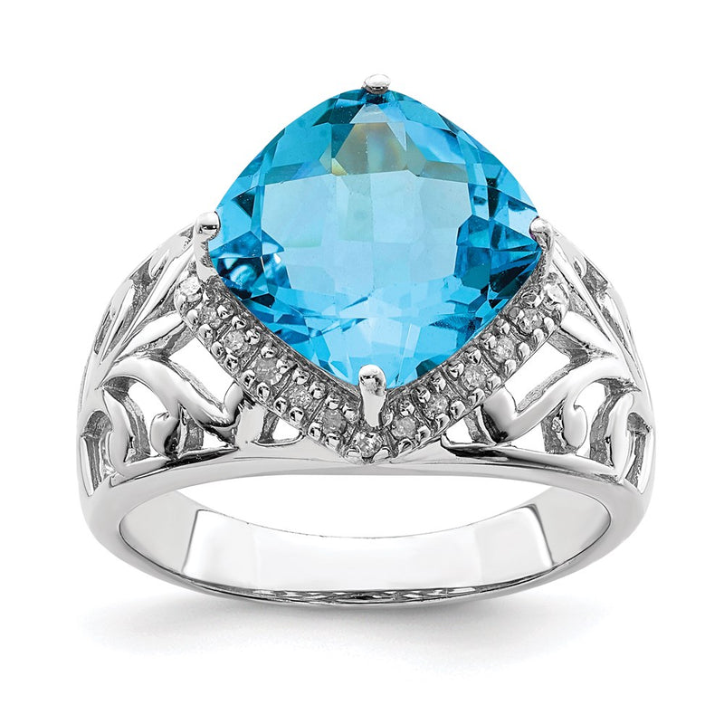 Sterling Silver Rhodium Checker Cut Blue Topaz & Diamond Ring (Size 7 Only)