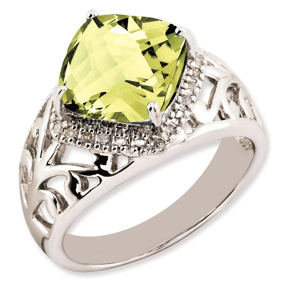 Sterling Silver Rhodium Plated Checker Cut Lemon Quartz & Diamond Ring (Size 7 Only)