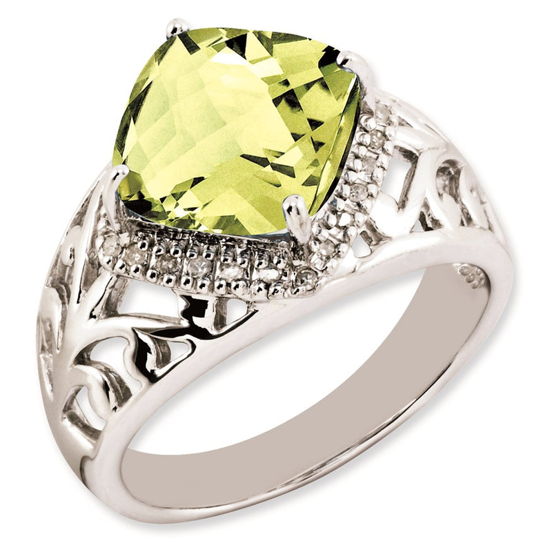 Sterling Silver Rhodium Plated Checker Cut Lemon Quartz & Diamond Ring (Size 7 Only)