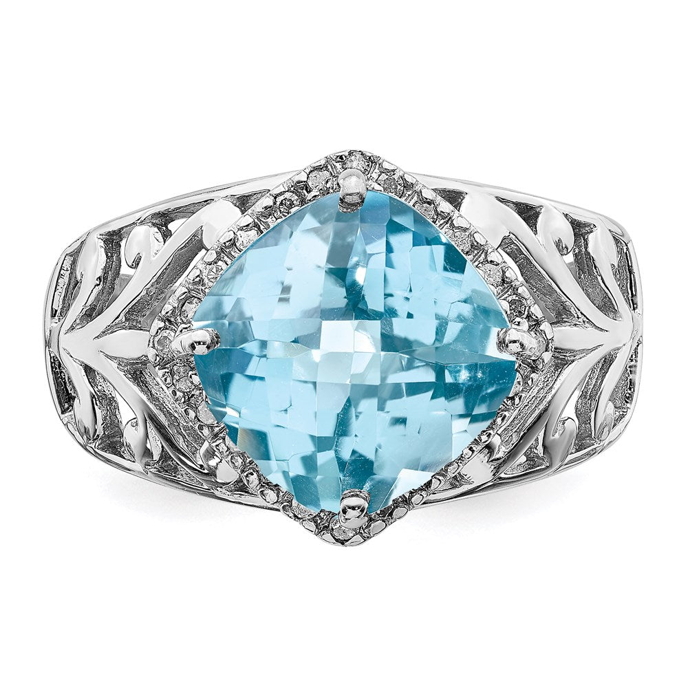 Sterling Silver Rhodium Checker Cut Sky Blue Topaz & Diamond Ring (Size 7 Only)