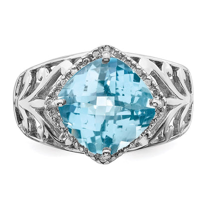 Sterling Silver Rhodium Checker Cut Sky Blue Topaz & Diamond Ring (Size 7 Only)