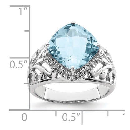 Sterling Silver Rhodium Checker Cut Sky Blue Topaz & Diamond Ring (Size 7 Only)