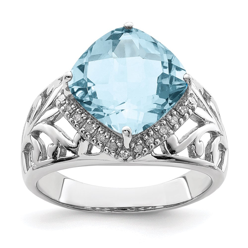 Sterling Silver Rhodium Checker Cut Sky Blue Topaz & Diamond Ring (Size 7 Only)