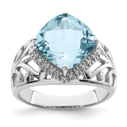 Sterling Silver Rhodium Checker Cut Sky Blue Topaz & Diamond Ring (Size 7 Only)