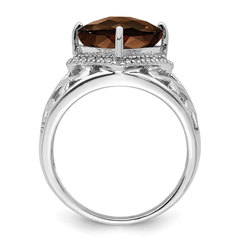Sterling Silver Rhodium Checker Cut Smoky Quartz & Diamond Ring (Size 7 Only)