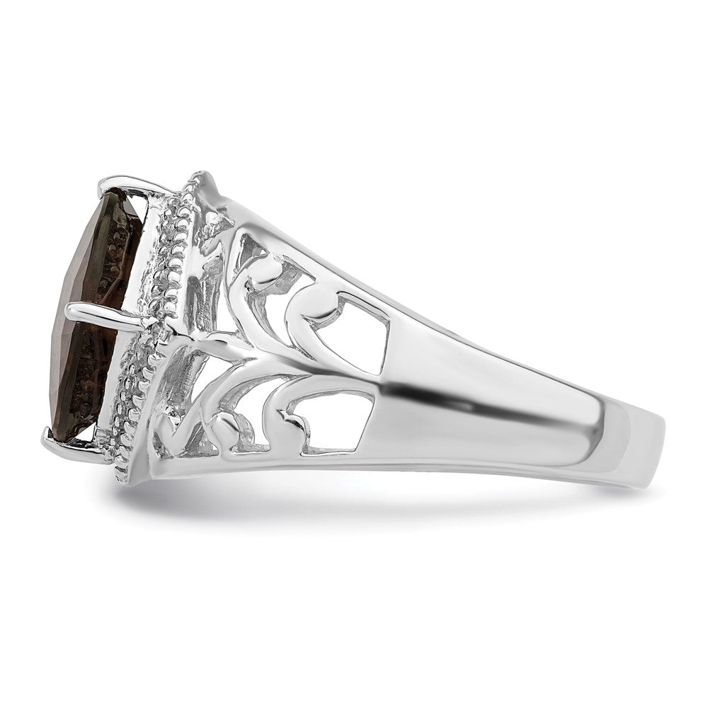 Sterling Silver Rhodium Checker Cut Smoky Quartz & Diamond Ring (Size 7 Only)