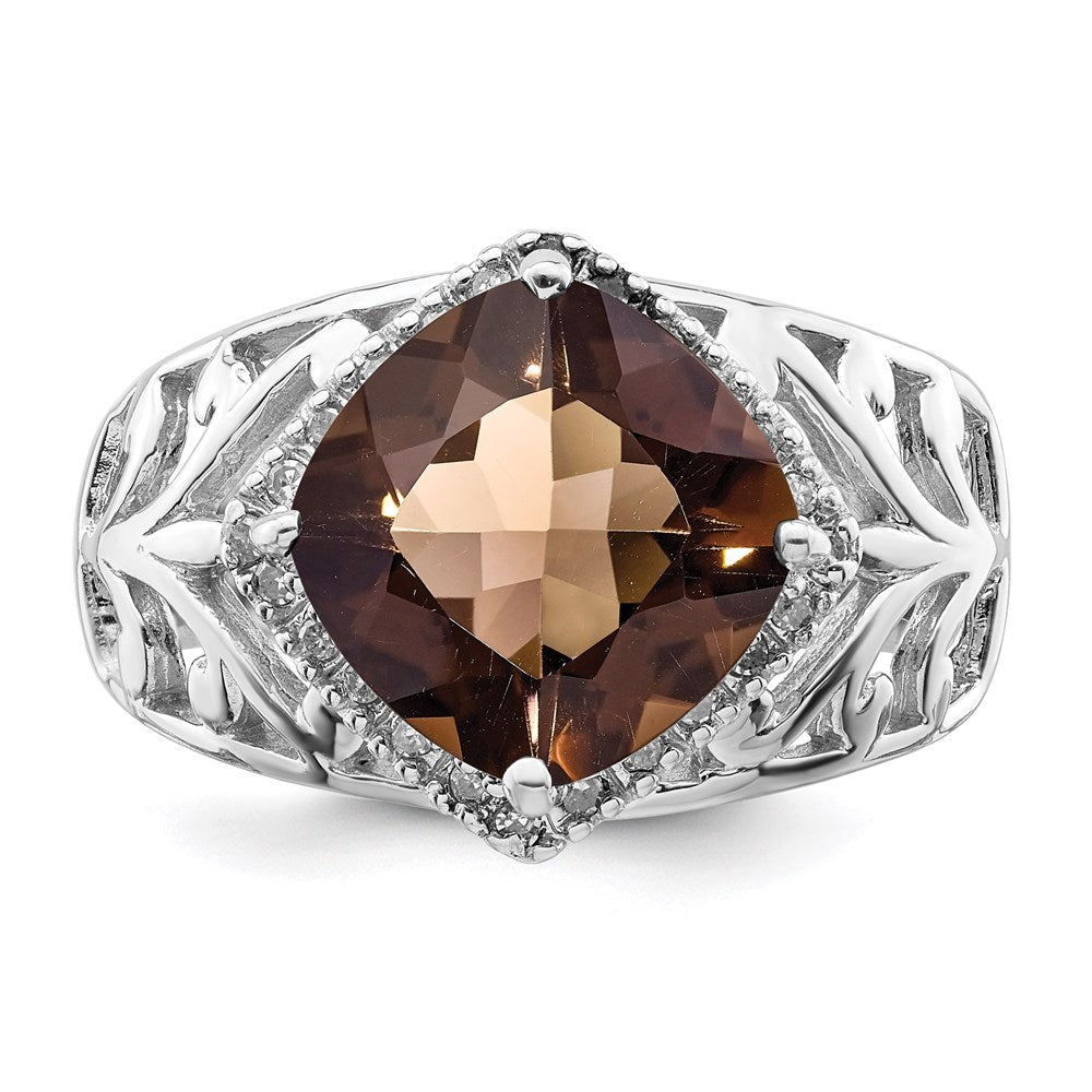 Sterling Silver Rhodium Checker Cut Smoky Quartz & Diamond Ring (Size 7 Only)