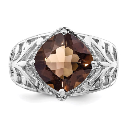Sterling Silver Rhodium Checker Cut Smoky Quartz & Diamond Ring (Size 7 Only)