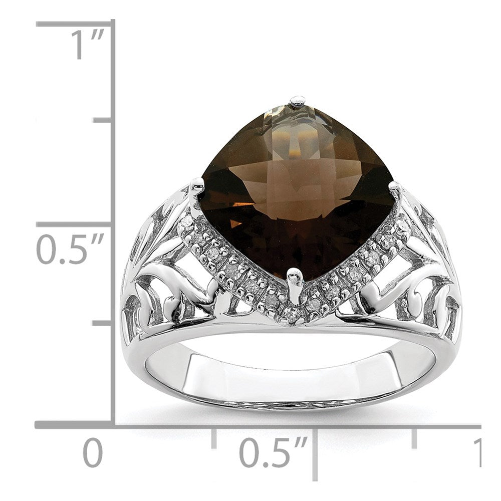 Sterling Silver Rhodium Checker Cut Smoky Quartz & Diamond Ring (Size 7 Only)
