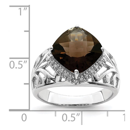 Sterling Silver Rhodium Checker Cut Smoky Quartz & Diamond Ring (Size 7 Only)