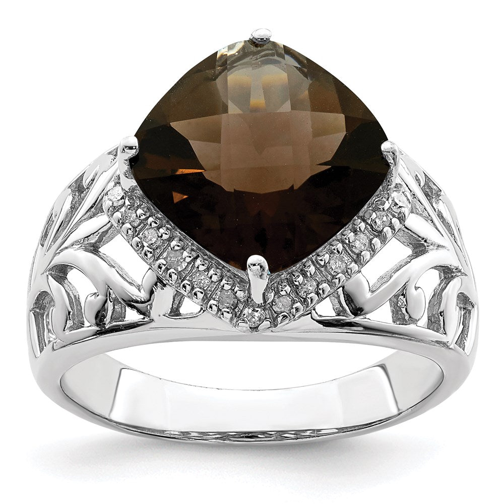 Sterling Silver Rhodium Checker Cut Smoky Quartz & Diamond Ring (Size 7 Only)