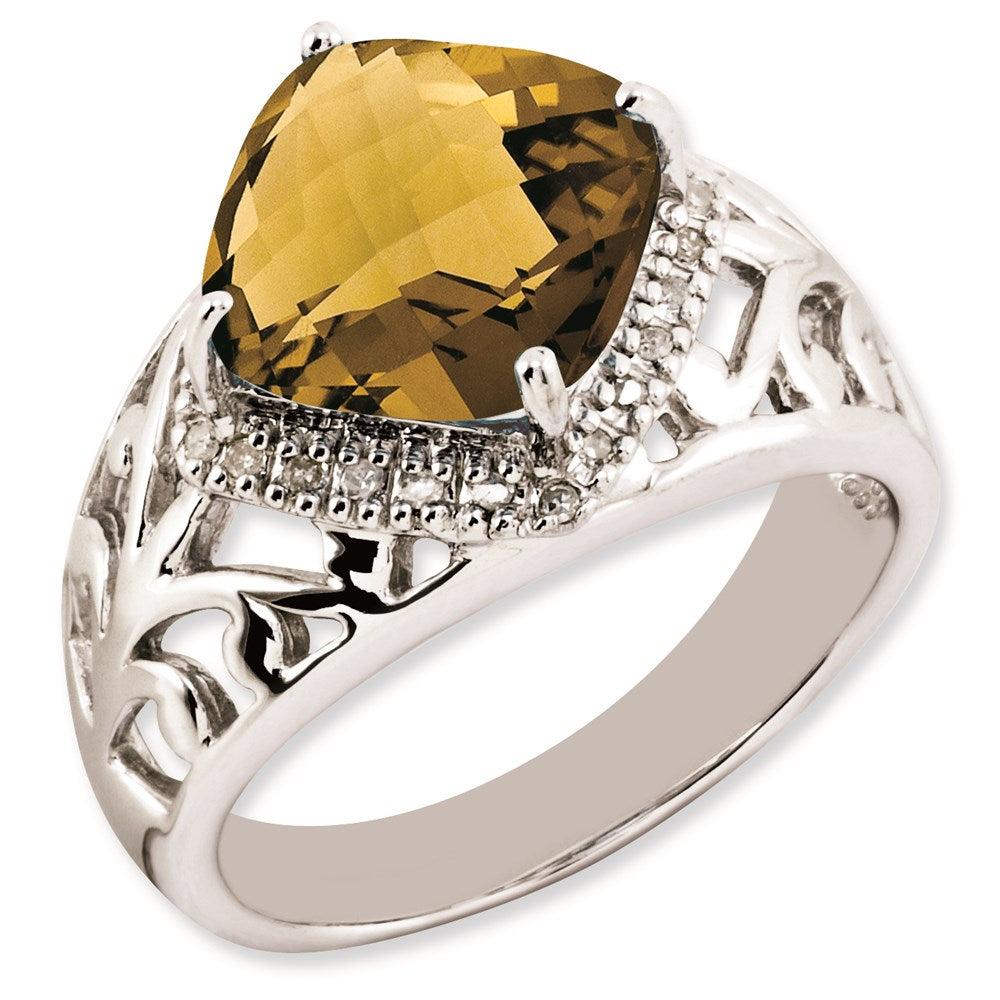 Sterling Silver Rh Plated Checker Cut Whiskey Quartz & Diamond Ring (Size 7 Only)