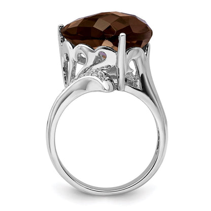 Sterling Silver Rhodium Smoky Quartz & Diamond Ring (Size 7 Only)
