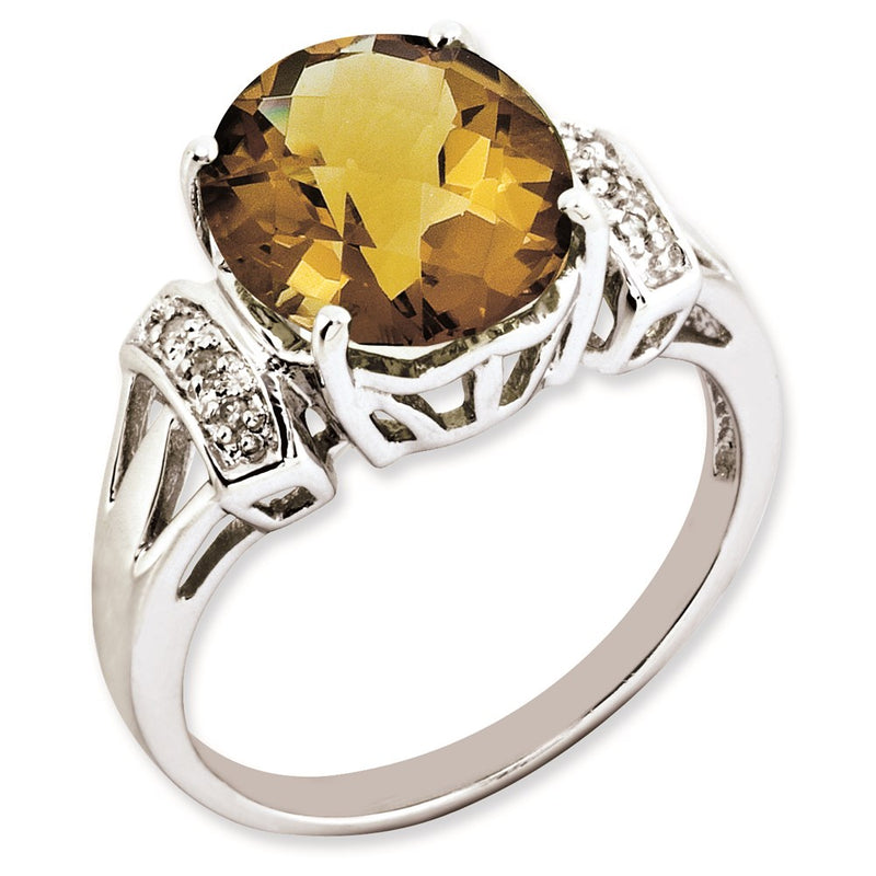 Sterling Silver Rh Plated Oval Checker Cut Whiskey Quartz & Diamond Ring (Size 7 Only)