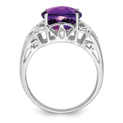 Sterling Silver Rhodium Oval Checker Cut Amethyst & Diamond Ring (Size 7 Only)