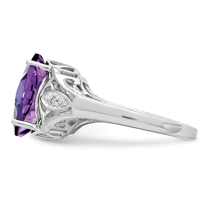 Sterling Silver Rhodium Oval Checker Cut Amethyst & Diamond Ring (Size 7 Only)