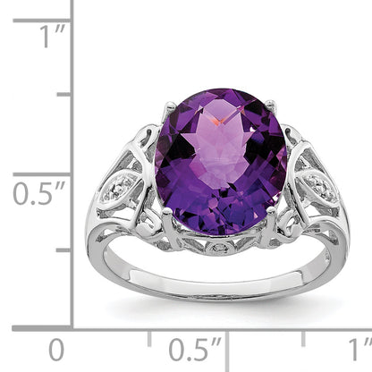 Sterling Silver Rhodium Oval Checker Cut Amethyst & Diamond Ring (Size 7 Only)