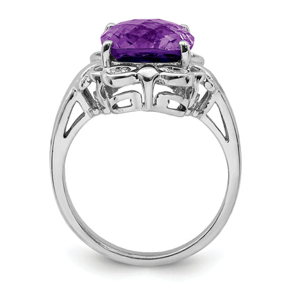 Sterling Silver Rhodium Plated Checker Cut Amethyst & Diamond Ring (Size 7 Only)