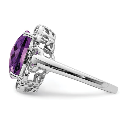 Sterling Silver Rhodium Plated Checker Cut Amethyst & Diamond Ring (Size 7 Only)