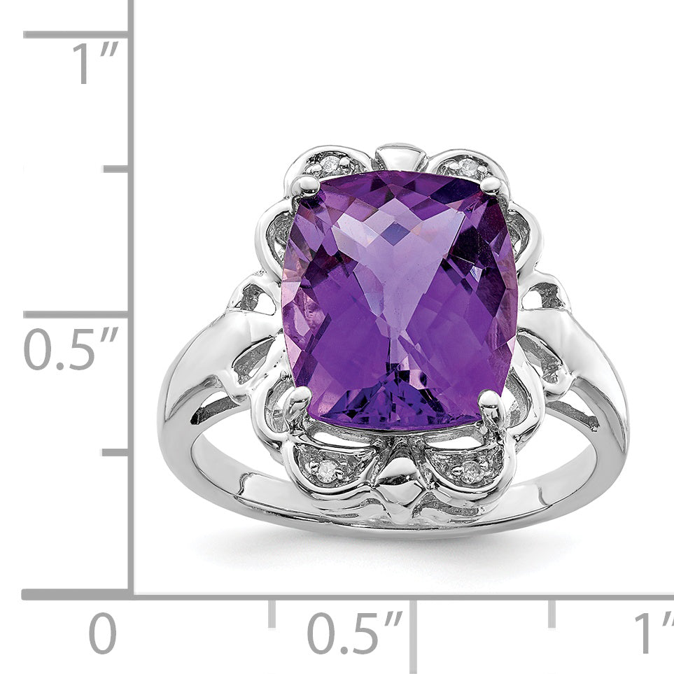 Sterling Silver Rhodium Plated Checker Cut Amethyst & Diamond Ring (Size 7 Only)