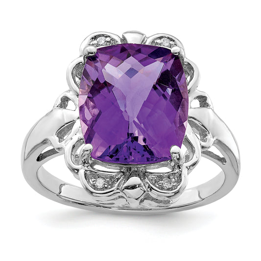 Sterling Silver Rhodium Plated Checker Cut Amethyst & Diamond Ring (Size 7 Only)